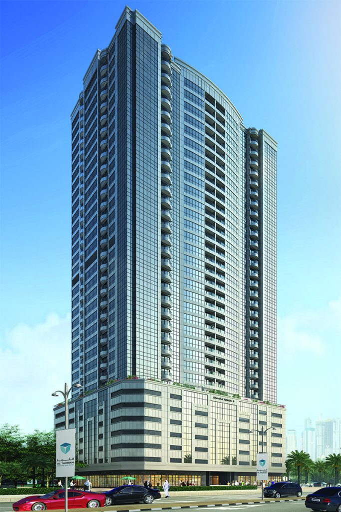 Sahara Tower 4 has flats for rent in Sharjah right in the Dubai border, mixing convenience with top-tier amenities like gym and pool